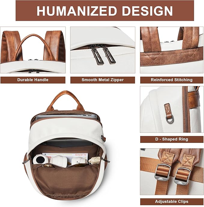 Leather Backpack for Women, Fits 15.6 Inch Laptop, Soft Vegan Leather Backpack for Travel and Daily Use, Beige