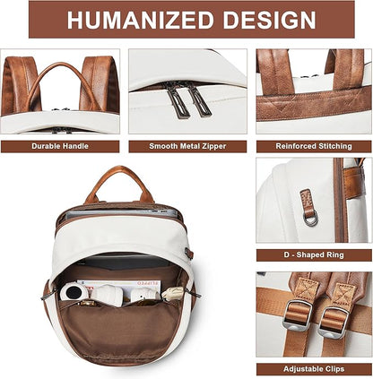 Leather Backpack for Women, Fits 15.6 Inch Laptop, Soft Vegan Leather Backpack for Travel and Daily Use, Beige