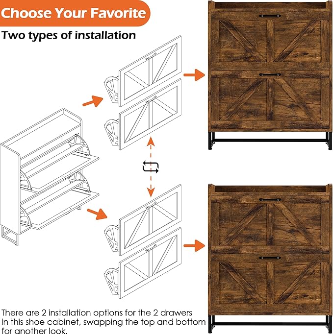 Betterhood Entryway Shoe Cabinet with 2 Flip Drawers, Slim Shoe Rack Cabinet, Freestanding Hidden Shoe Organizer Cabinet with Metal Legs, Shoe Cabniet for Entryway with Storage, Hallway, Foyer, Brown