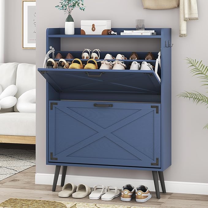Shoe Storage Cabinet with 2 Flip Drawers, Farmhouse Freestanding Shoe Rack Organizer for Entryway, Narrow Hidden Slim Shoe Cabinet for Foyer,Hallway,Blue