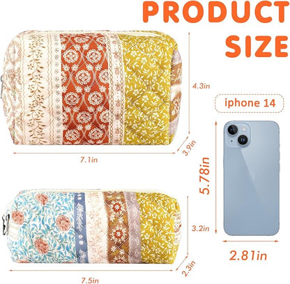 2Pcs Floral Makeup Bag for Women Cotton Quilted Coquette Cosmetic Bag Cute Zipper Mixed Flower Makeup Pouch Aesthetic Portable Pencil Pouch Travel Toiletry Bag Trendy Cloth Skincare Bag