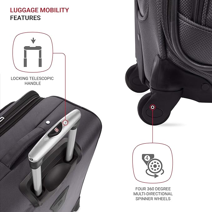 SwissGear Sion Softside Expandable Luggage – Carry-On Suitcase with 360 Degree Wheels & Retractable Handle – 21 Inch, Perfect for 1-3 Night Trips – Dark Gray