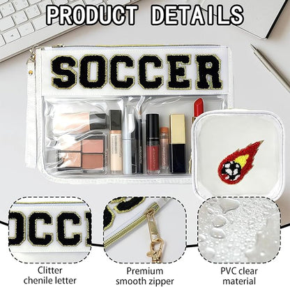 2 Pcs Football Gifts Makeup Bag with Chenille Letter Patch,with Handles football PVC Waterproof Clear Makeup Bag,Portable Toiletry Storage Bag,Players & Fans Birthday, Team or Sports Lover Presents