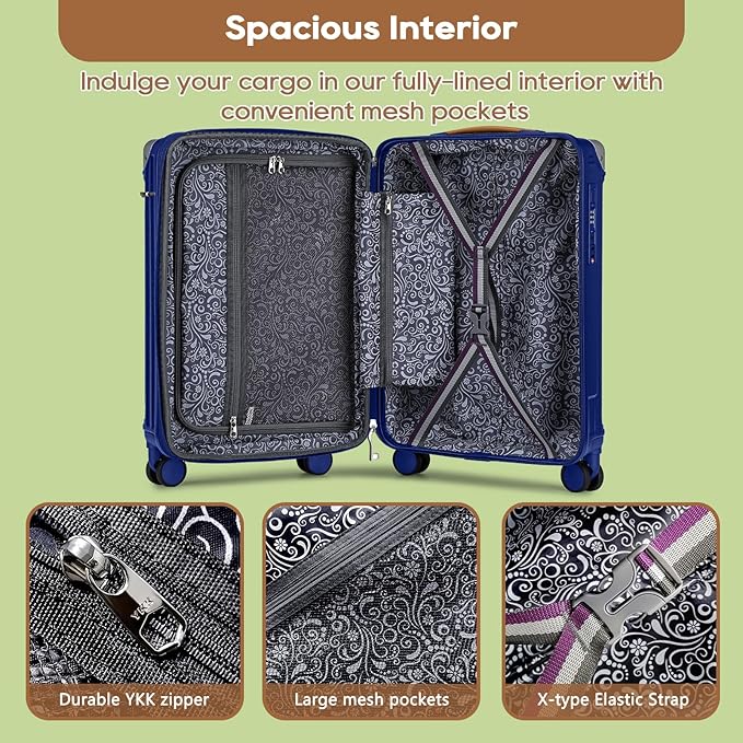 Joyway 20in Carry On Luggage with Cup Holder and USB Port, 25% Expandable Capacity, Smart Suitcase with Anti Slip Wheels and Handbag, Perfect for Men and Women 3 Piece Set Blue