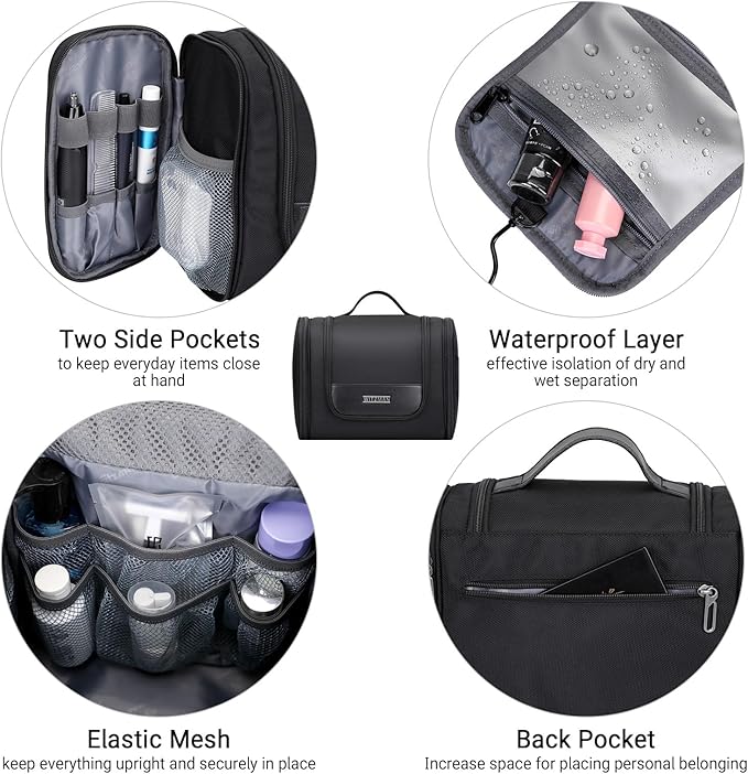 WITZMAN Toiletry Bag for Men Women Large Hanging Multi-organization Bathroom Bag Water-resistant Dopp Kit Shaving Bag Men(B690 Black)