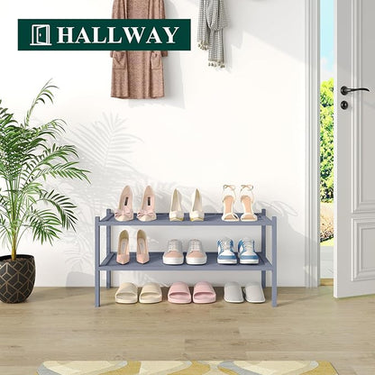 Smiry Bamboo Shoe Rack, 2 Tier Shoe Organizer for Entryway & Closet, Stackable Free Standing Storage Shelf for Shoes, Bags & Plants, Grey