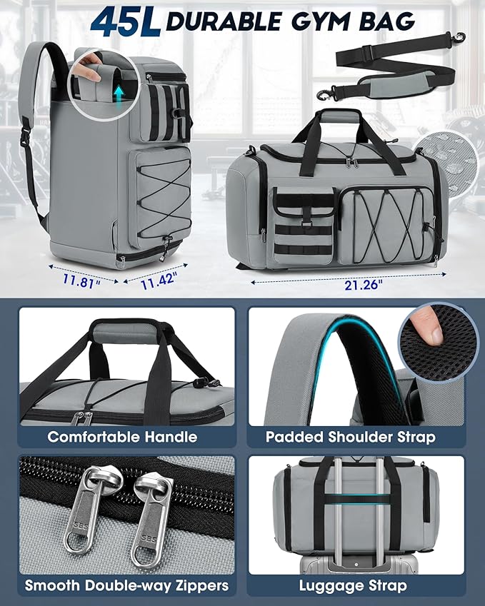 SDYSM Gym Bag for Men 45L Sports Duffel Bags 3-in-1 Travel Duffel Bag with Shoe Compartment, Gym Workout Backpack Carry On Weekender Bag Overnight Bag for Travel, Grey