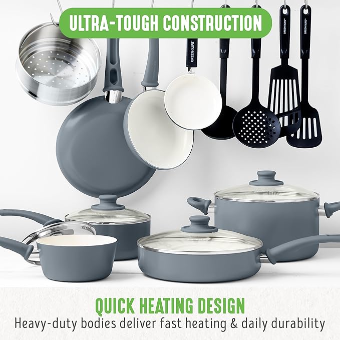 GreenLife 16 Piece Nonstick Cookware Set, Soft Grip Non-Toxic PFAS-Free Ceramic Pots & Pans, Dishwasher & Oven Safe, Frying, Sauce, Saute, Utensils, Glass Lids, Stay-Cool Handles, Wobble Free, Gray