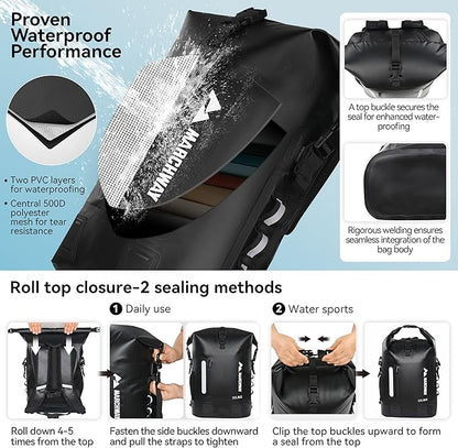 MARCHWAY Roll Top Waterproof Backpack, Floating Dry Bag 20L/30L/45L with Ergonomic Rectangular Base, Cushioned Back, Hip Strap for Hiking Camping Kayaking Travel (Black, 30L)