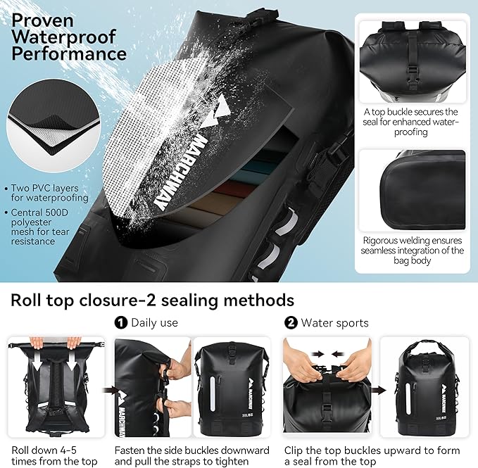 MARCHWAY Roll Top Waterproof Backpack, Floating Dry Bag 20L/30L/45L with Ergonomic Rectangular Base, Cushioned Back, Hip Strap for Hiking Camping Kayaking Travel (Black, 45L)