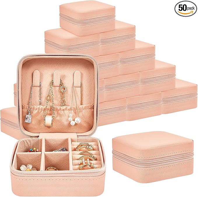 Taiyin 50 Pcs Travel Jewelry Case Box Bridesmaid Gifts Bulk Travel Jewelry Cases Boxes Small Jewels Organizers Mini Accessories Ornaments Storage for Women Girls Wedding Gifts (Pink)