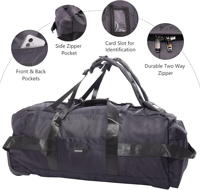 80L Rolling Duffle Bag with Wheels - Heavy-Duty 33.5" Foldable Duffel, Water-Resistant Wheeled Luggage with Shoulder Straps for Camping, Gym, Airplane (Grey)