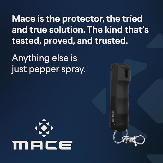 Mace Pepper Spray - Maximum Police Strength OC with UV Dye, Fast Flip Top, Ergonomic Finger Grip, Easy Carry Keychain, 12 Feet Range, 0.42 oz Compact Model, Self Defense Pepper Spray for Women & Men