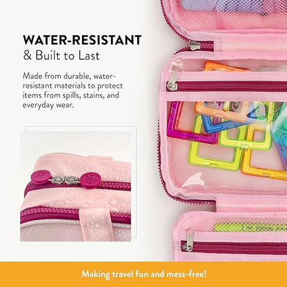 Kids Travel Organizer – Multi-Compartment, Water-Resistant Hanging Bag for Toys, Snacks, & Activities - Compact, Lightweight Design with Hook & Carry Handle - Perfect for Travel Use (Pink, Small)