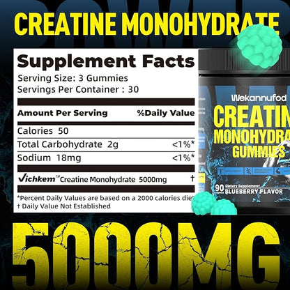 Creatine Monohydrate Gummies for Men & Women,5000MG Creatine Gummy Sugar Free. Boost Focus,Strength, and Endurance, Anti-Melting Formula, Vegan, Gluten-Free, Non-GMO,(Blueberry 90 ct)