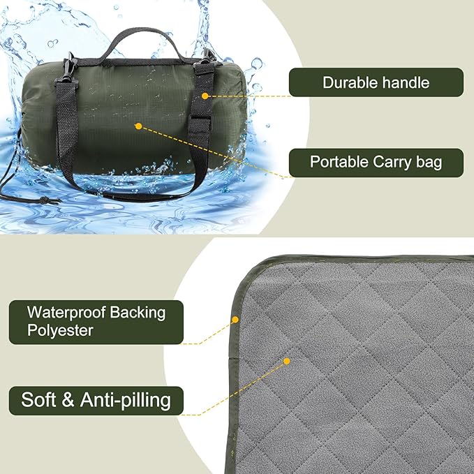Tranqun 2 Large Outdoor Blanket 78'' x 55'' Quilted Windproof Waterproof Fleece Sandproof Stadium Foldable Warm Blanket for Camping Picnic Sporting Events Cold Weather (Military Green)