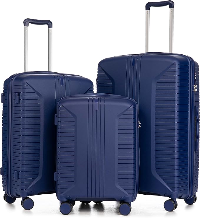 Campfun 3 Piece Luggage Sets, PP Suitcase Set with Double Spinner Wheels Hang Hook, Durable Carry On Luggage with Combination Lock, 20/24/28 inch, Blue