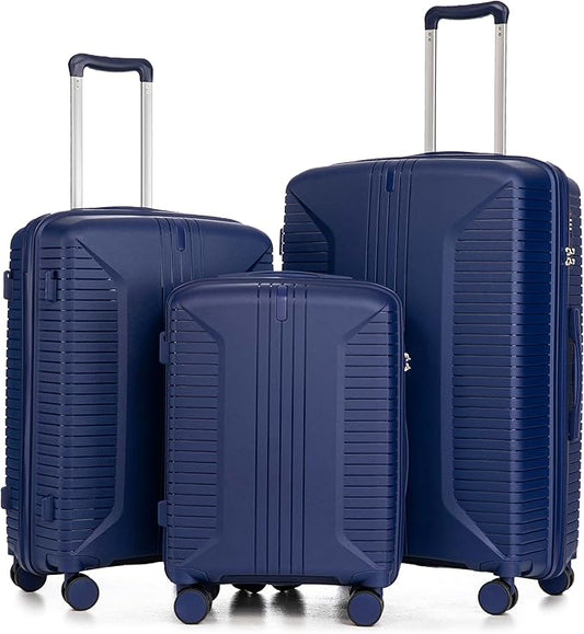 Campfun 3 Piece Luggage Sets, PP Suitcase Set with Double Spinner Wheels Hang Hook, Durable Carry On Luggage with Combination Lock, 20/24/28 inch, Blue