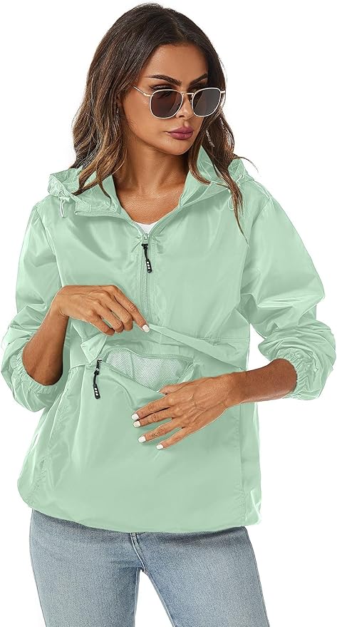 Avoogue Womens Rain Jacket with Hood,Pullover,Packable,Lightweight,Windbreaker,Waterproof,Breathable.