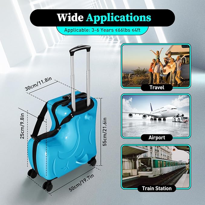 Kids Ride on Suitcase, 20" Ride on Luggage with 4 Wheels, Scooter Suitcase for Boys Girls, Toddler Carry on Suitcases with Safety Belt & Adjustable Handle, Travel Luggage for Ages 3-6 (Blue)