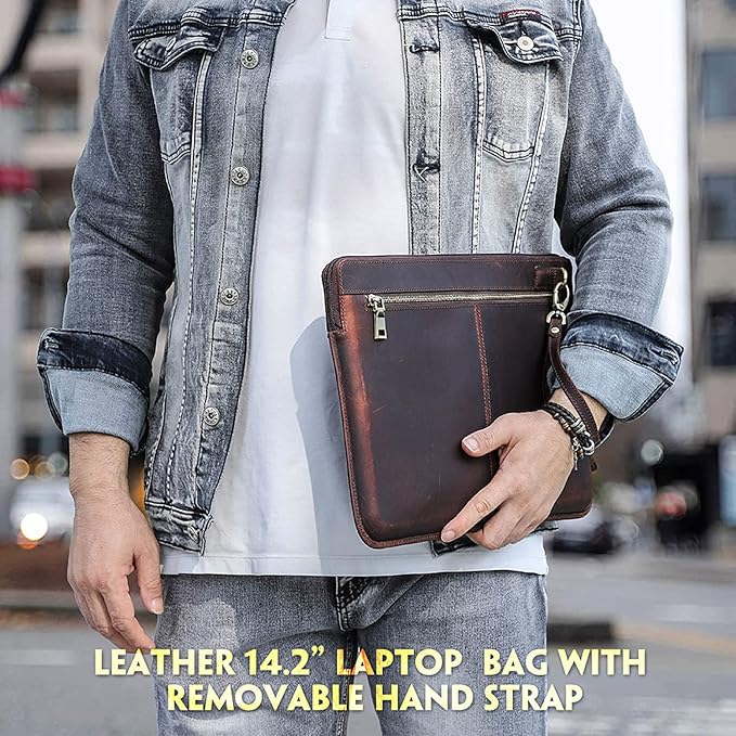 Top Grain Leather 14.2" Laptop Case Bag, Zip Pockets Design, Compatible with MacBook Air 13" M2 A2681 M1 A2337 A2179 A1932/Pro 13" M2 M1 A2338 A2251 A2289 A2159 A1989 A1706, Coffee 14.2 Inch