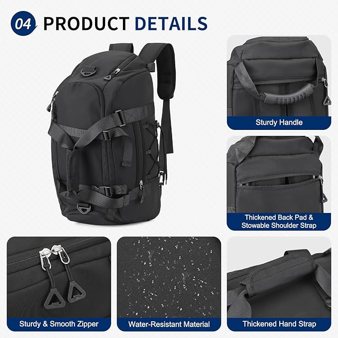 Unisex Travel Duffle Bag for Men Women, Waterproof Gym Bag with Shoe Compartment & Football Compartment, 32L Carry on Bag for Sports & Fitness, Black