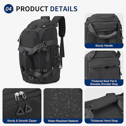 Unisex Travel Duffle Bag for Men Women, Waterproof Gym Bag with Shoe Compartment & Football Compartment, 32L Carry on Bag for Sports & Fitness, Black