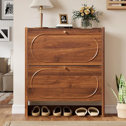 ORRD Shoe Storage Cabinet with 2 Flip Drawers, Wood Narrow Shoe Cabinet for Entryway, Fluted Hidden Shoe Organizer, Freestanding Slim Shoes Cabinets for Foyer, Hallway-Walnut