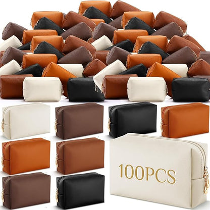 Cunno 100 Pcs Makeup Bags Bulk PU Leather Cosmetic Pouch Christmas Small Pouch Bag DIY Toiletry Bags Preppy Aesthetic Travel Storage Organizer for Women Travel Christmas Party Gift(Brown)