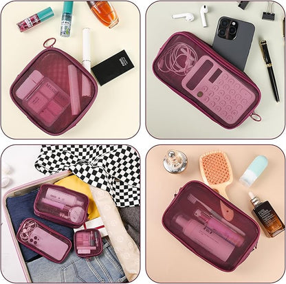 8 Pcs Mesh Makeup Bag Nylon Zipper Pouch Clear Small Mesh Bags Travel Toiletry Bag Makeup Brush Holder Purse Organizer Pouches (Wine Red, Small, Large, Medium)