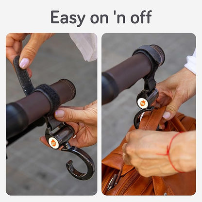 Baby Uma Stroller Hooks (2 Pack) - Open Stroller Hook with 360°-Swivel Neck & Extra Strong Strap, Easy On 'n Off & Universal, 11 lb Weight Capacity, Baby Travel Essential