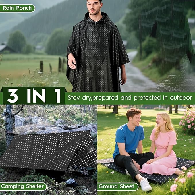 Bruvoalon 3-in-1 Rain Poncho with 1/4 Zip & Chest Pocket, Waterproof, Sunshade, Ground Mat for Adults & Youth Emergency
