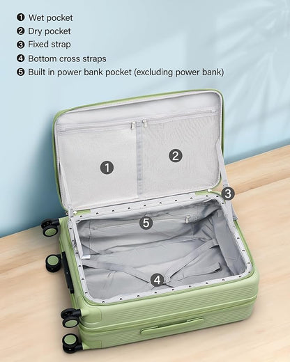 Hanke 24Inch Expandable Luggage Top Opening Medium Checked Luggage Hard Shell Suitcases with Wheels Travel Luggage Rolling Suitcase with Cup Holder(Bamboo Green)