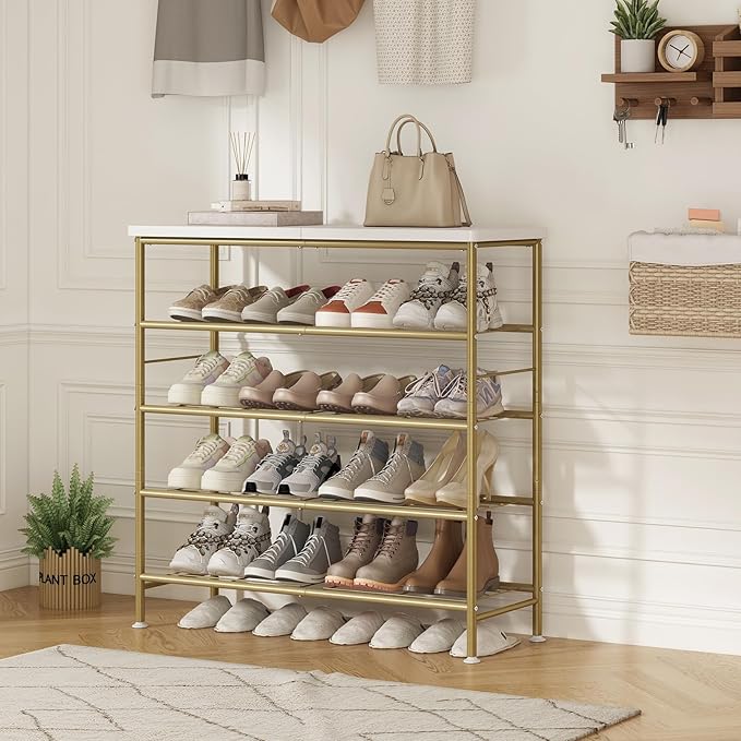 SUOERNUO Shoe Rack Organizer 5 Tier for Closet Entryway Free Standing Metal Storage Shoe Shelf with MDF Top Board，Gold