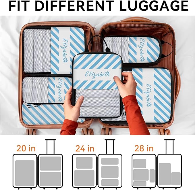 Custom 6 Set Compression Packing Cubes with Name Striped Personalized Compressible Expandable Packing Organizers Luggage Carry On Suitcase Bags Travel Accessories Gifts, Light Blue