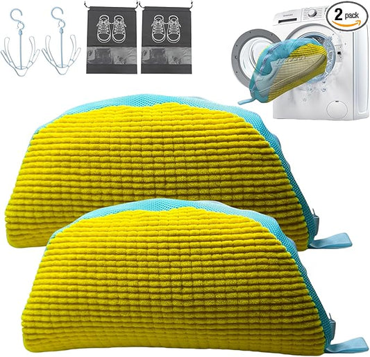 Laundry Shoe Bag, 2PCS Reusable Durable Zipper Shoe Bag for Washing Machine, Sneaker Tennis Shoe Washing Bag for Washer and Dryer, 360° All-Round Cleaning,for All Shoe Types and Sizes (Yellow)