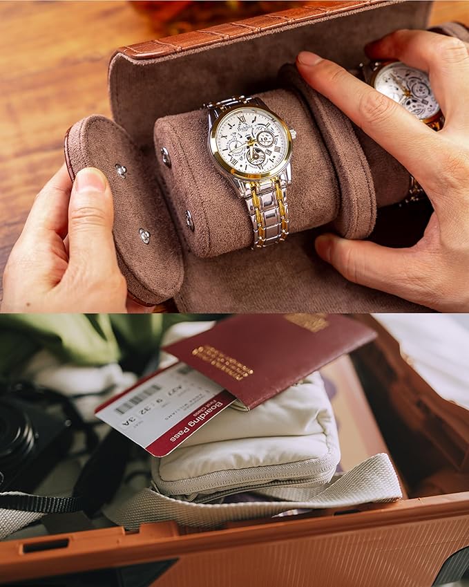MR.OKAY 2 Watch Travel Case- Classic Leather Watch Case With Superb Texture.(Portable Watch Roll Or Organizer For Storage And Display).Festival Gift For Men, All Handcrafted By Artisans.