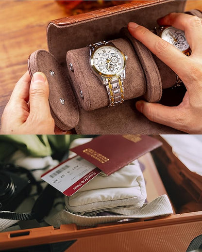 MR.OKAY 2 Watch Travel Case- Classic Leather Watch Case With Superb Texture.(Portable Watch Roll Or Organizer For Storage And Display).Festival Gift For Men, All Handcrafted By Artisans.