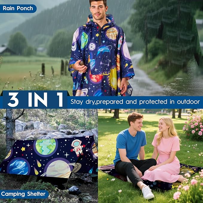 Bruvoalon 3-in-1 Rain Poncho with 1/4 Zip & Chest Pocket, Waterproof, Sunshade, Ground Mat for Adults & Youth Emergency