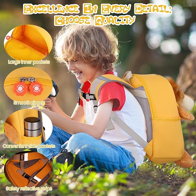 Large Lion Toddler Backpacks with Soft Dolls & Leash, Preschool Backpack with Stuffed Animals for School Travel, 5 6 7 8 9 Year Old