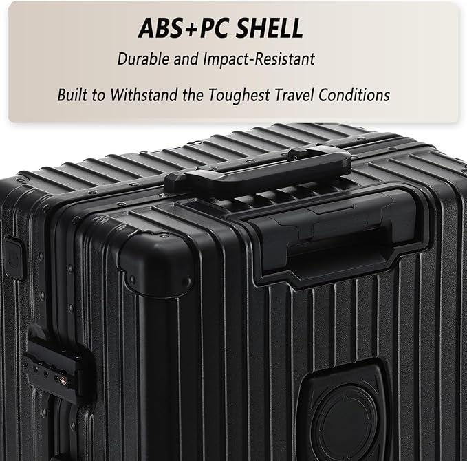 24 Inch Aluminum Frame Checked Travel Luggage with Spinner Wheels,Zipperless Hard Shell Suitcases with TSA Approved USB Port,Cup & Phone Holder for Women Men,Black