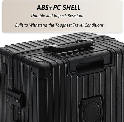 24 Inch Aluminum Frame Checked Travel Luggage with Spinner Wheels,Zipperless Hard Shell Suitcases with TSA Approved USB Port,Cup & Phone Holder for Women Men,Black