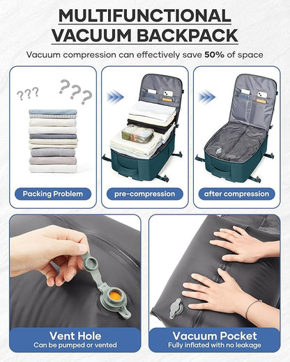 Vacuum Seal Backpack Travel With Pump,Large Carry On Vacpack Backpacks For Women Men,Mochila De Viaje Compresion Al Vacio,Personal Item Travel Backpack With Vacuum System,Peacock Blue
