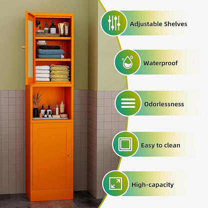 Metal Bathroom Storage Cabinet 67" Slim Bathroom Organizer with 3 Adjustable Shelves, 2 Doors (Left/Right Opening),Metal Floor Cabinet for Small Spaces(Glass, Orange)