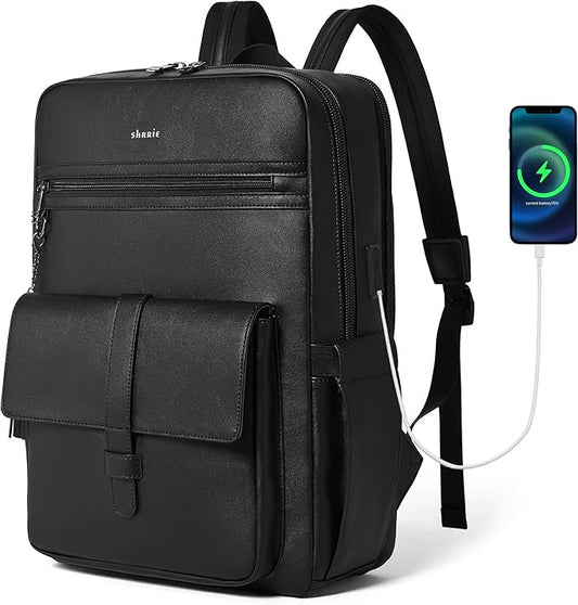 Shrrie 16 inch Vegan Leather Laptop Backpack with USB Charger,Smart Computer Backpack for Men and Women Business,Work,Office,College