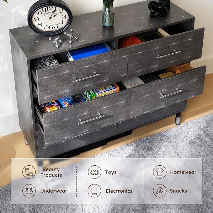 Grey Dresser for Bedroom, 6 Drawer Wood Dresser with Modern Storage Organizer, Wide Chest of Drawers for Clothes, Closet, Living Room