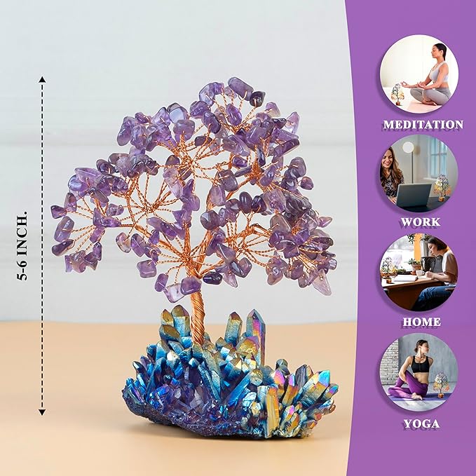Amethyst Crystal Tree with Rainbow Titanium Cluster Base Tree of Life Decor for Shelf, Bedroom, Birthday Gifts for Women, Sister Gifts, Birthday Gifts for Mom, Cute Home Decor, Purple Decor Present
