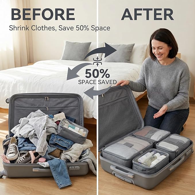 Compression Packing Cubes for Travel, 6-Piece Set (L/M/S), Double-Zip Luggage Organizers with Mesh Panels, Space-Saving Clothes Storage Bags for Suitcase & Carry-On (6 Pack, Charcoal Gray)