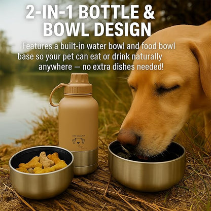 Love Wag & Play Dog Water Bottle Portable – 2 in 1 Stainless Steel Bowl for Food, Water – Leakproof Portable Water Bowl for Dog with Carry Loop – Detachable Design – Ideal for Kibble, Treats – Beige