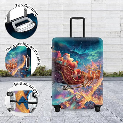 Northern Lights Christmas Luggage Cover - Santa's Sleigh Flying Over City Under Aurora, Magical Stretchable Suitcase Protector 28 30 Inch